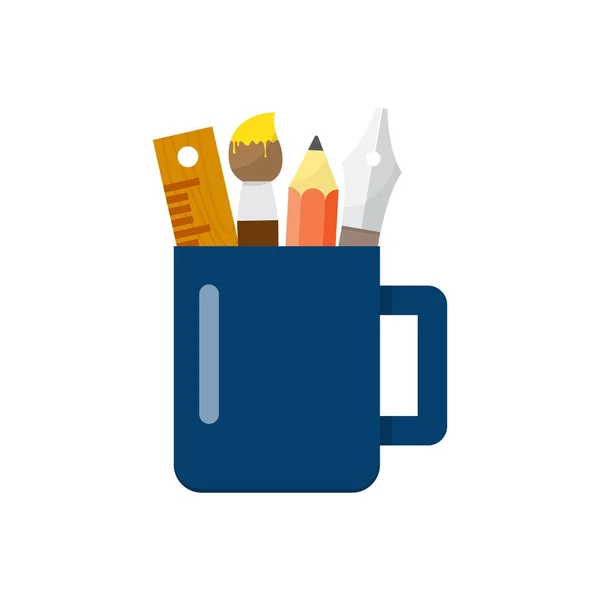 Cup met potloden, liniaal en pennen — Stockvector