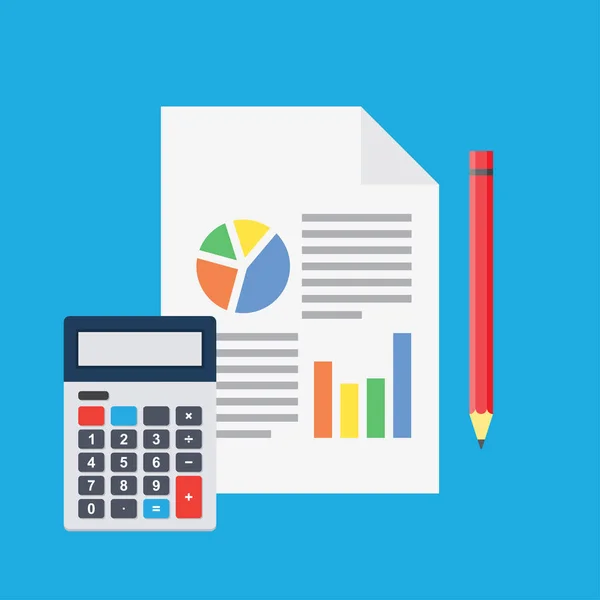 Финансовый анализ, лист планирования с карандашом и калькулятором — стоковый вектор