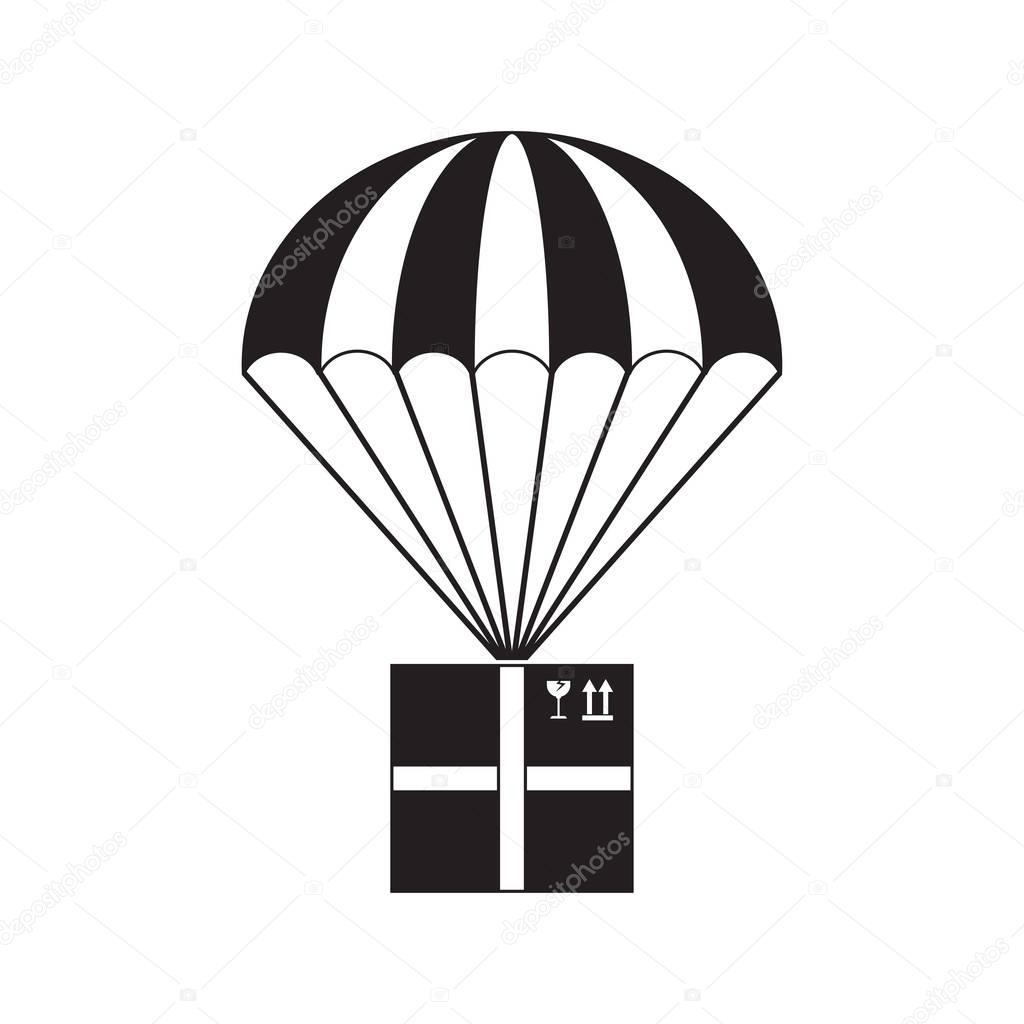 Package flying on parachute, delivery service concept