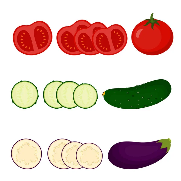 Set mit Tomaten, Gurken und Auberginen — Stockvektor