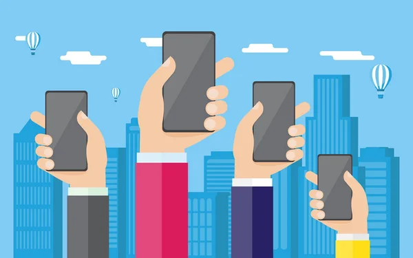 Mani con i telefoni, sullo sfondo della città — Vettoriale Stock