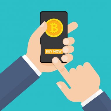 Ekranda Bitcoins ile Smartphone tutan el
