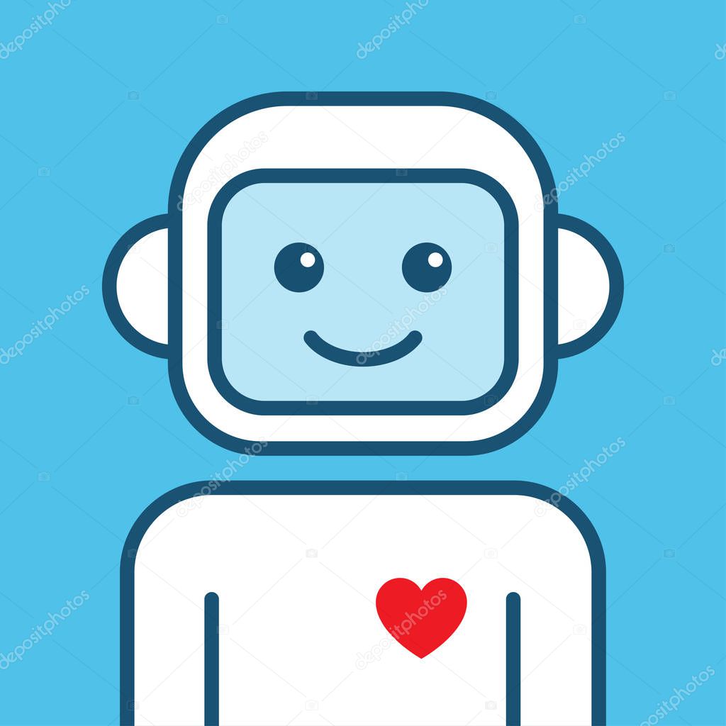 Chatbot icon. Outline robot sign on a blue background.