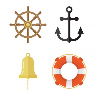 Deniz Icons set. Lifebuoy, çapa, direksiyon simidi, gemi çan.