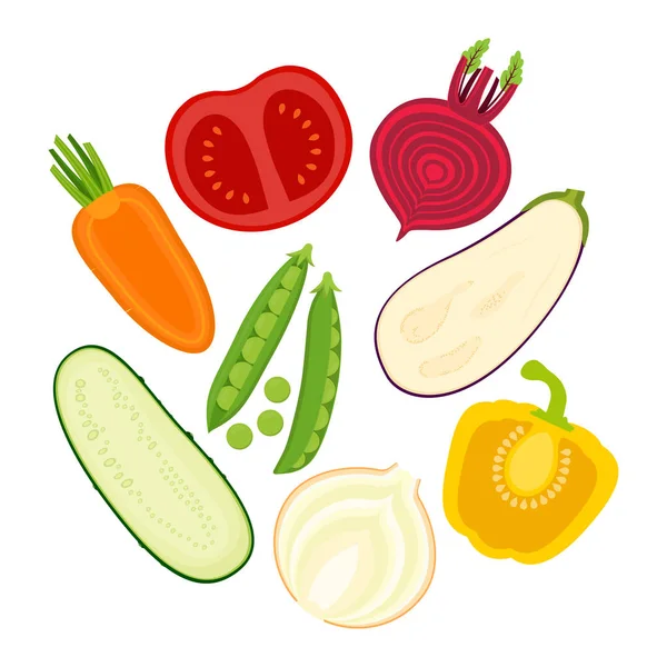 Conjunto con verduras en rodajas — Vector de stock