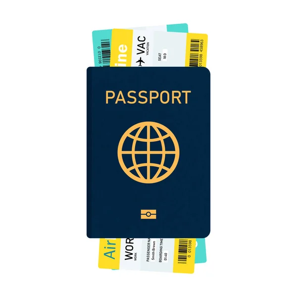 Paspoort met kaartjes, paspoort en boarding pass tickets pictogram — Stockvector