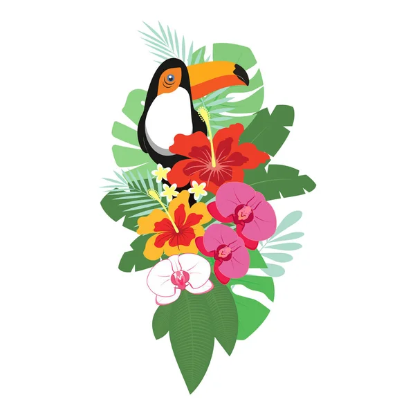 Tropik çiçekler ve toucan — Stok Vektör