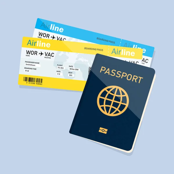 Paspoort met kaartjes, paspoort en boarding pass tickets pictogram — Stockvector