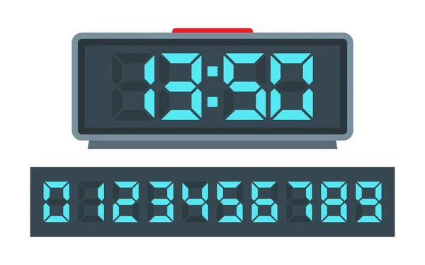 Reloj digital azul y conjunto de números brillantes — Vector de stock