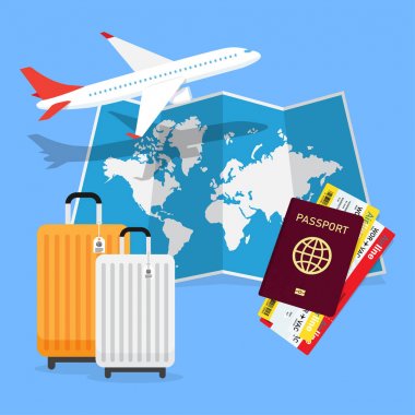 Planlama seyahat. Pasaport, uçak bileti, Dünya Haritası