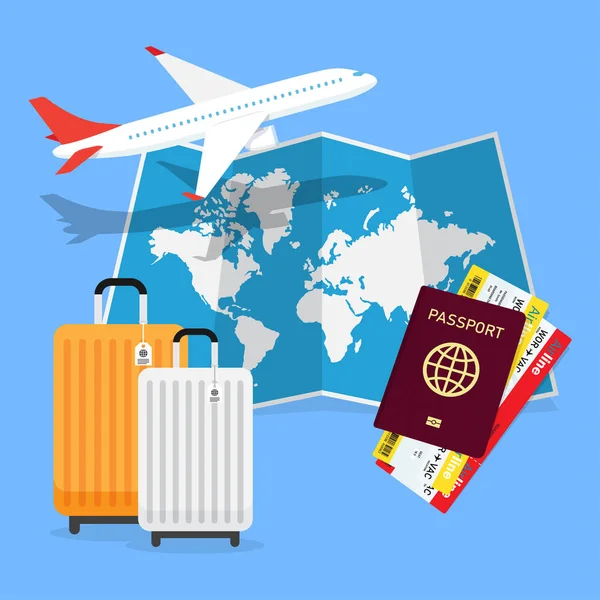 旅行計画。パスポート、航空券、世界地図 — ストックベクタ