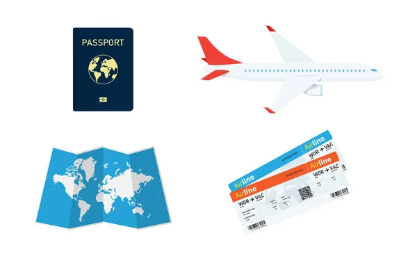 Planowanie podróży. Paszport, bilet lotniczy, mapa świata — Wektor stockowy