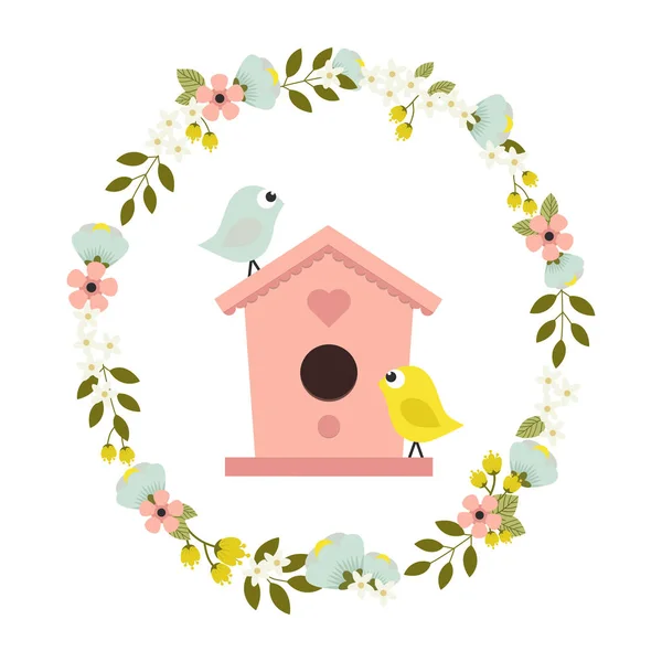 Corona di fiori con birdhouse — Vettoriale Stock