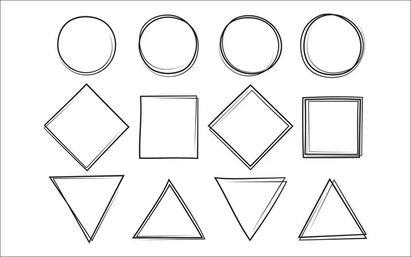 Conjunto del círculo garabato dibujado a mano y cuadrado y triángulo — Vector de stock