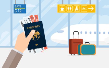 Pasaport ve pass bekleyen uçağa Havaalanı içinde olan adam