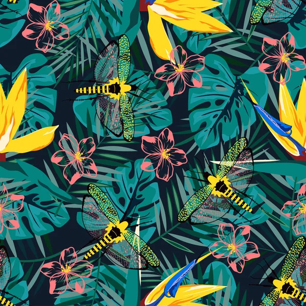 Motif tropical avec libellule — Image vectorielle