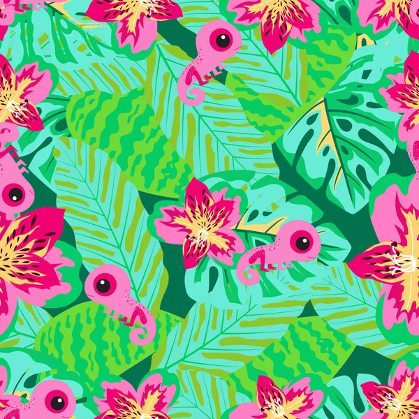 Patrón floral con camaleón — Vector de stock