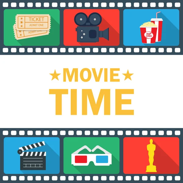 Movie Time Poster con clapperboard, popcorn, biglietto e videocamera — Vettoriale Stock