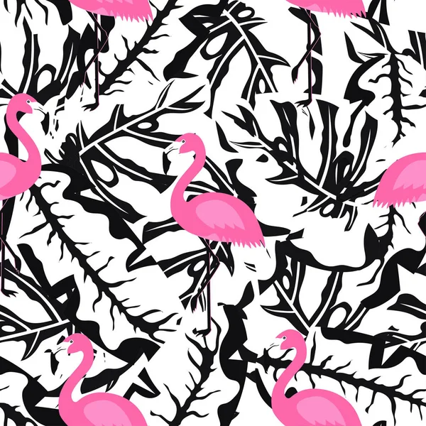 Motif flamant rose sur noir et blanc — Image vectorielle