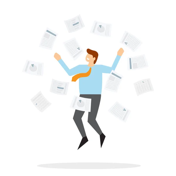 Office worker jumps up and throws paper — Stock Vector