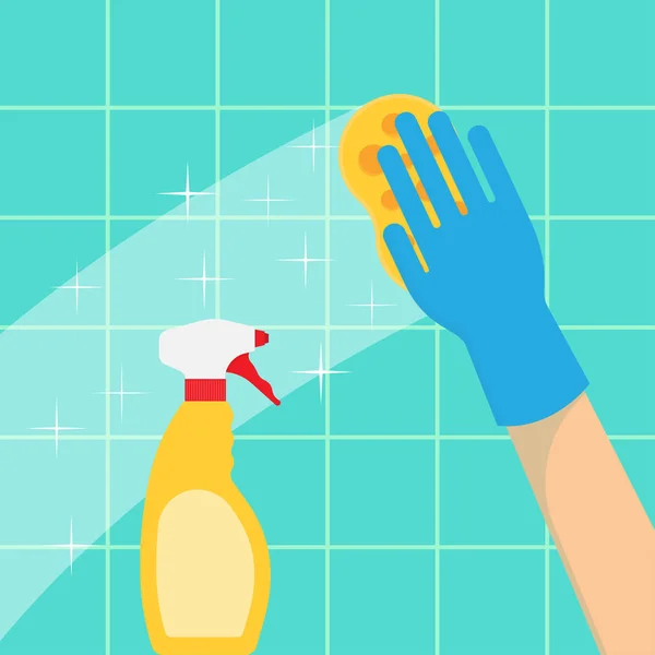 Mains en gants verts avec spray et éponge laver les carreaux muraux . — Image vectorielle