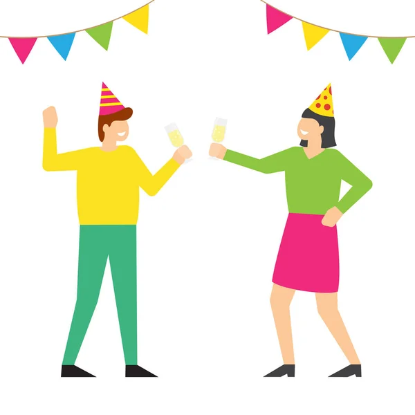 Gente celebrando fiesta de cumpleaños en gorras festivas . — Vector de stock