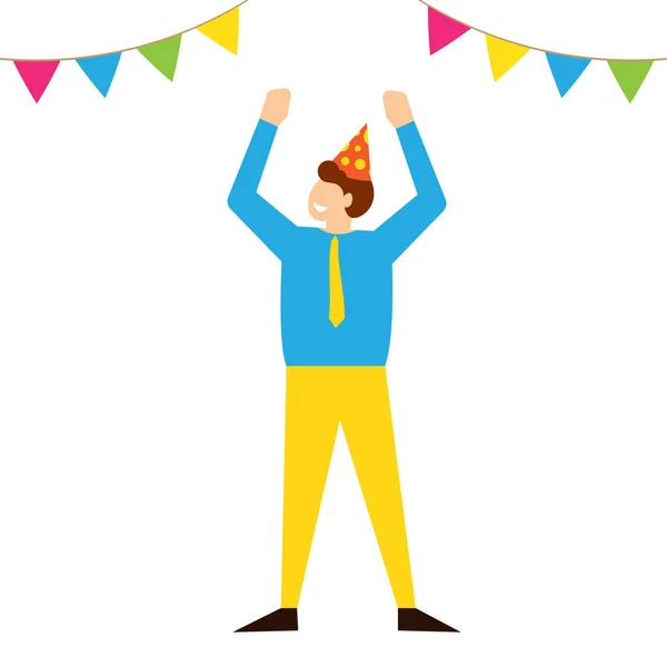 Чоловік святкує день народження у святковій шапці — стоковий вектор