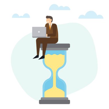 İşadamı üzerinde büyük kum saati oturan dizüstü bilgisayar ile