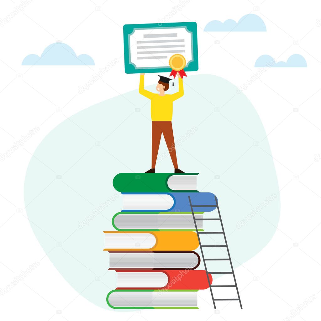 Man in hold a with diploma on the top on a pile of books