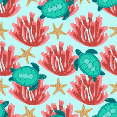 kaplumbağaları, deniz yıldızları ve mercan, desenle çizgi film deniz sakinleri ile sualtı elemanları ile renkli arka plan duvar kağıtları