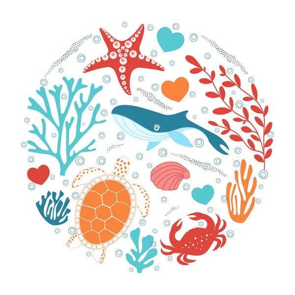 Χαριτωμένο Καρτούν Κάρτα Κατοίκους Της Θάλασσας Φόντο Θαλάσσια Στοιχεία — Διανυσματικό Αρχείο