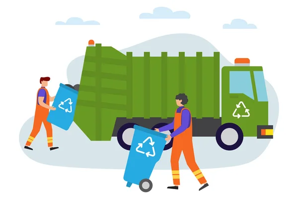 Garbage man at work. Lorry for urban waste removal service. — Stock Vector