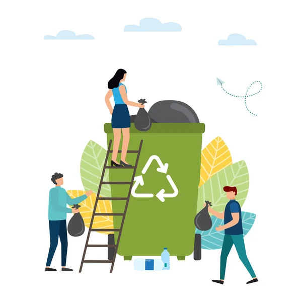 Malí lidé vyhazují odpadky. Ochrana životního prostředí. — Stockový vektor