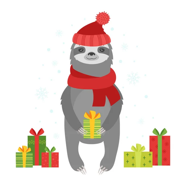 Carino bradipo cartone animato con regali — Vettoriale Stock