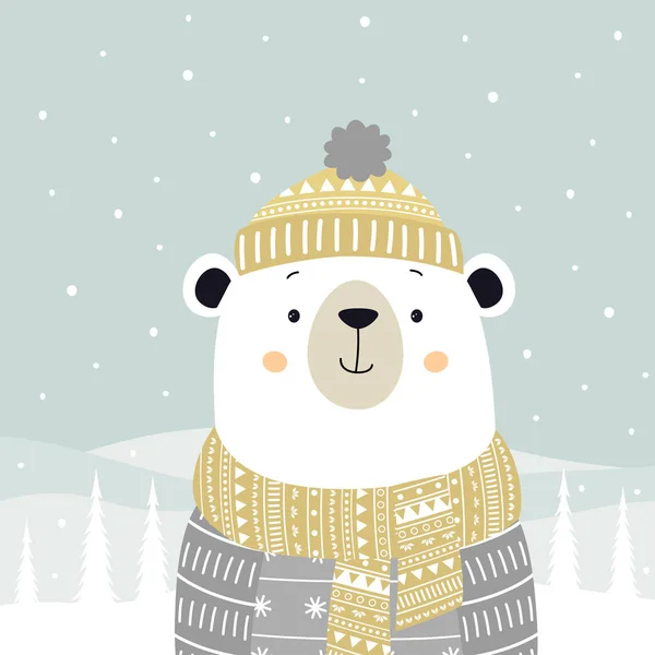 Linda tarjeta de invierno con oso — Vector de stock