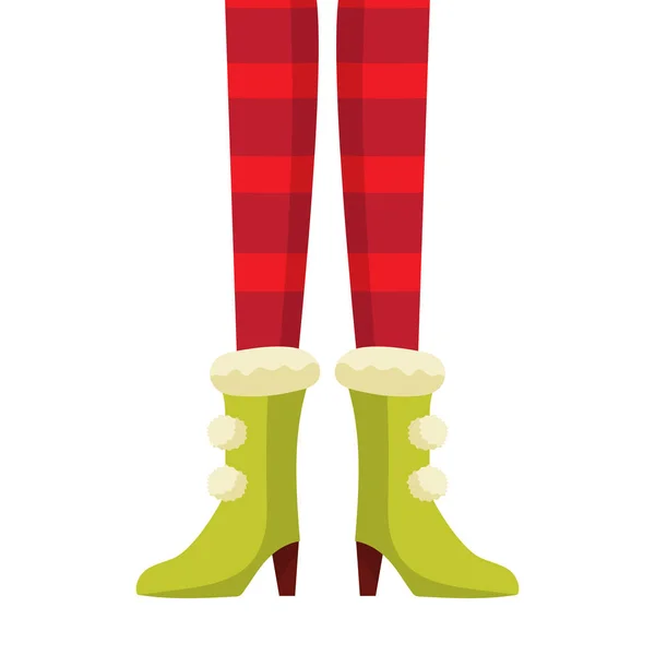 Vrouw Kerst Elf benen in gestreepte kousen. — Stockvector