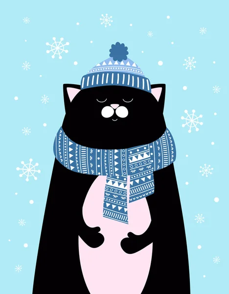 Zimní karta s roztomilou kočkou — Stockový vektor