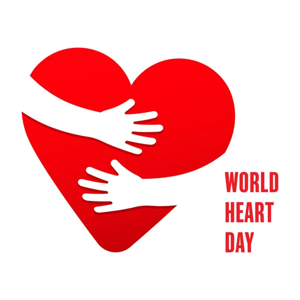 Día Mundial del Corazón, manos abrazando el símbolo del corazón — Vector de stock
