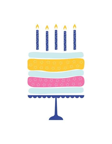 Wenskaart met hand getrokken taart, gelukkige verjaardag achtergrond — Stockvector