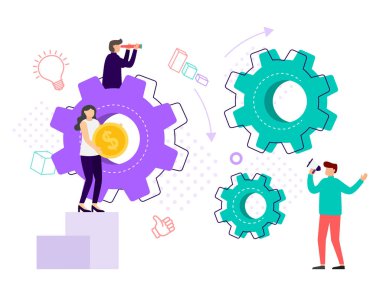 Çember dişli konsept takım çalışmasına sahip küçük insanlar iş organizasyonu.