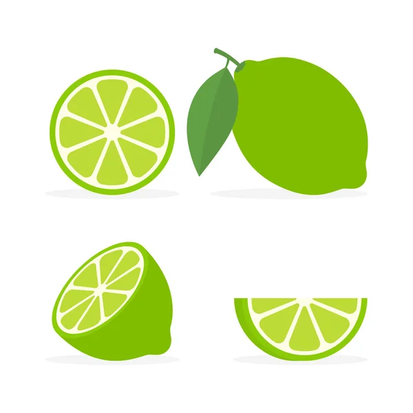 Collection fraîche entière, moitié et tranche de citron vert avec feuille verte — Image vectorielle