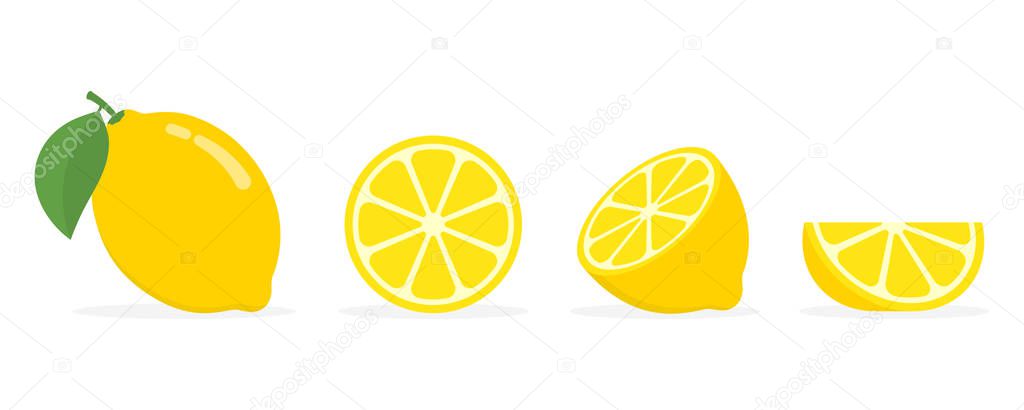 Whole, half and slice yellow lemon with green leaf. Vector illustration isolated on white background.