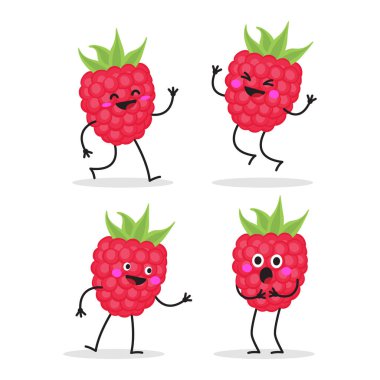 Raspberry. Cute fruit vector character set.