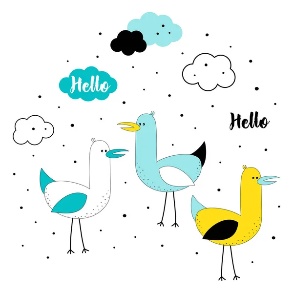 Set Cute Seagulls Lettering Hello Clouds Scandinavian Flat Style Isolated — Stock Vector