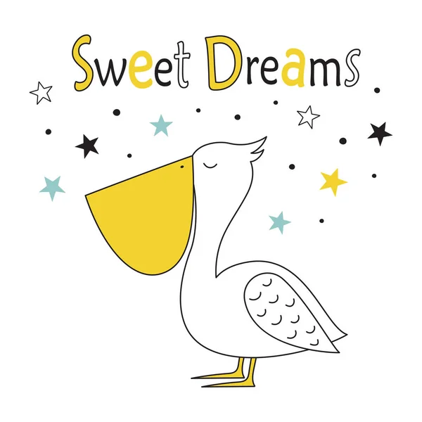 Mão Desenhada Bonito Pelicano Doodle Ilustração Com Letras Doces Sonhos — Vetor de Stock