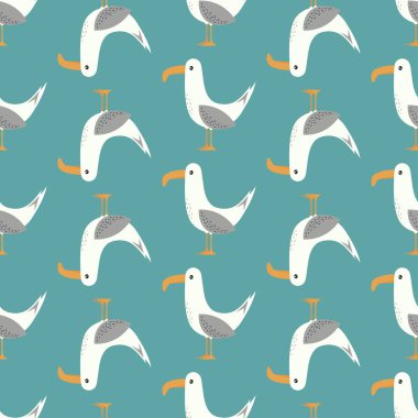 Mavi üzerine izole şirin martının kusursuz deseni, çocuklar için el çizimi vektör çizimi, çizgi film düz deniz arka planı