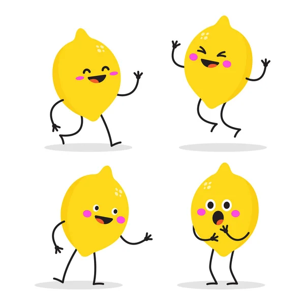 柠檬角色快乐 可爱的水果向量集 在白色背景上孤立的向量图 — 图库矢量图片