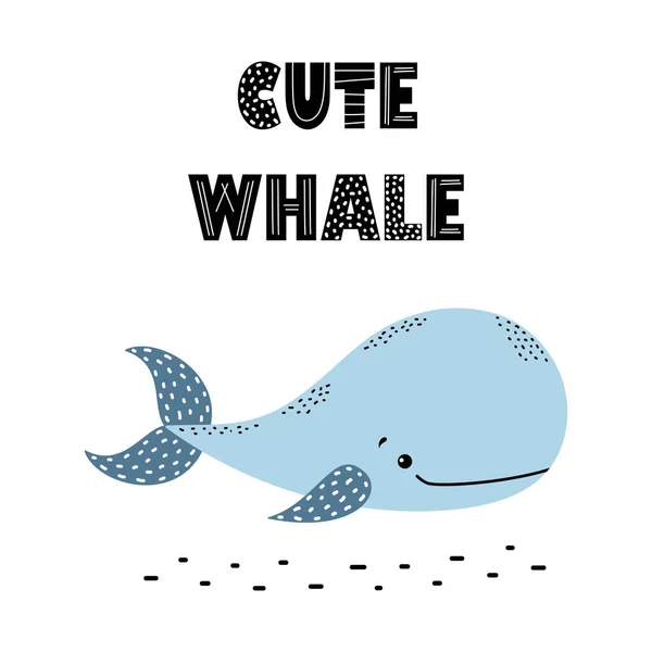 白色背景的卡通哺乳动物和字母可爱的鲸鱼卡片 以丑闻式的鲸鱼矢量图解 — 图库矢量图片