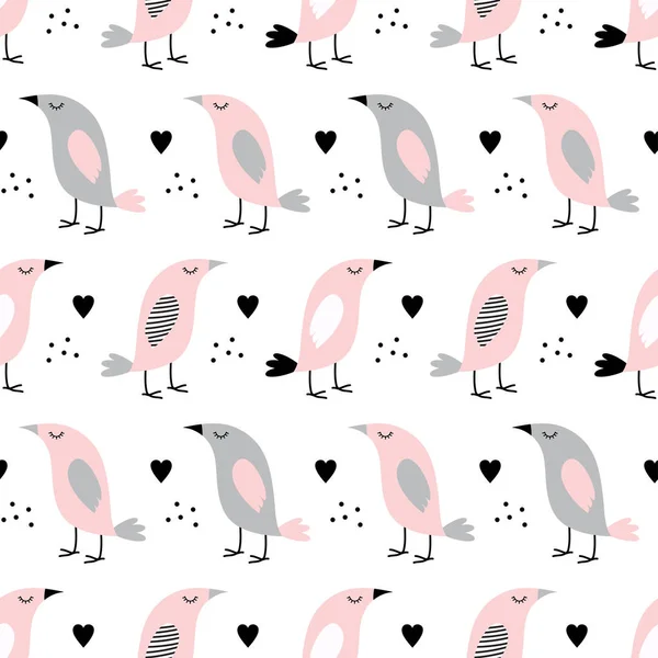 Motif Sans Couture Dessins Animés Oiseaux Roses Les Cœurs Sur — Image vectorielle