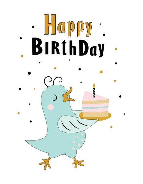 Greeting Card Cute Bird Piece Cake Isolated White Postcard Lettering — Stock Vector
